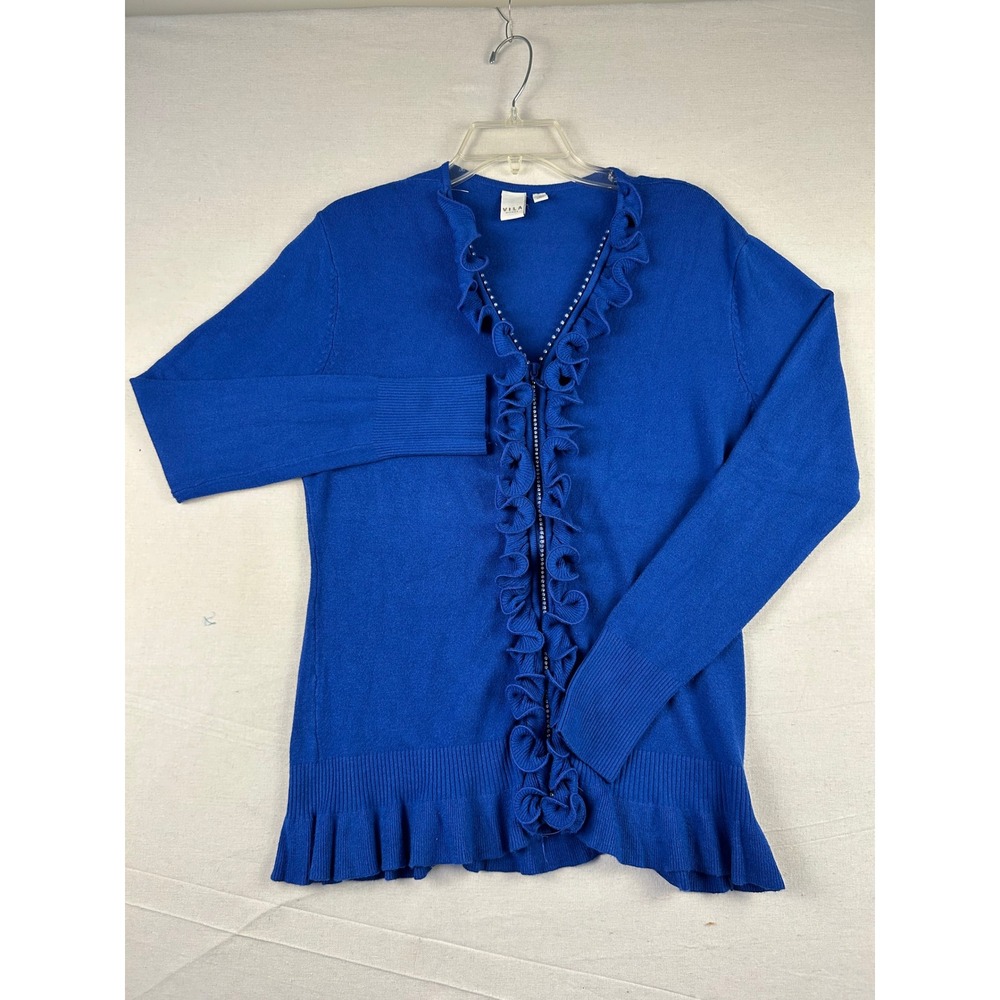 Vila‎ Milano Womens Royal Blue Ruffle Zip Up Cardigan Rhinestone Sweater Large